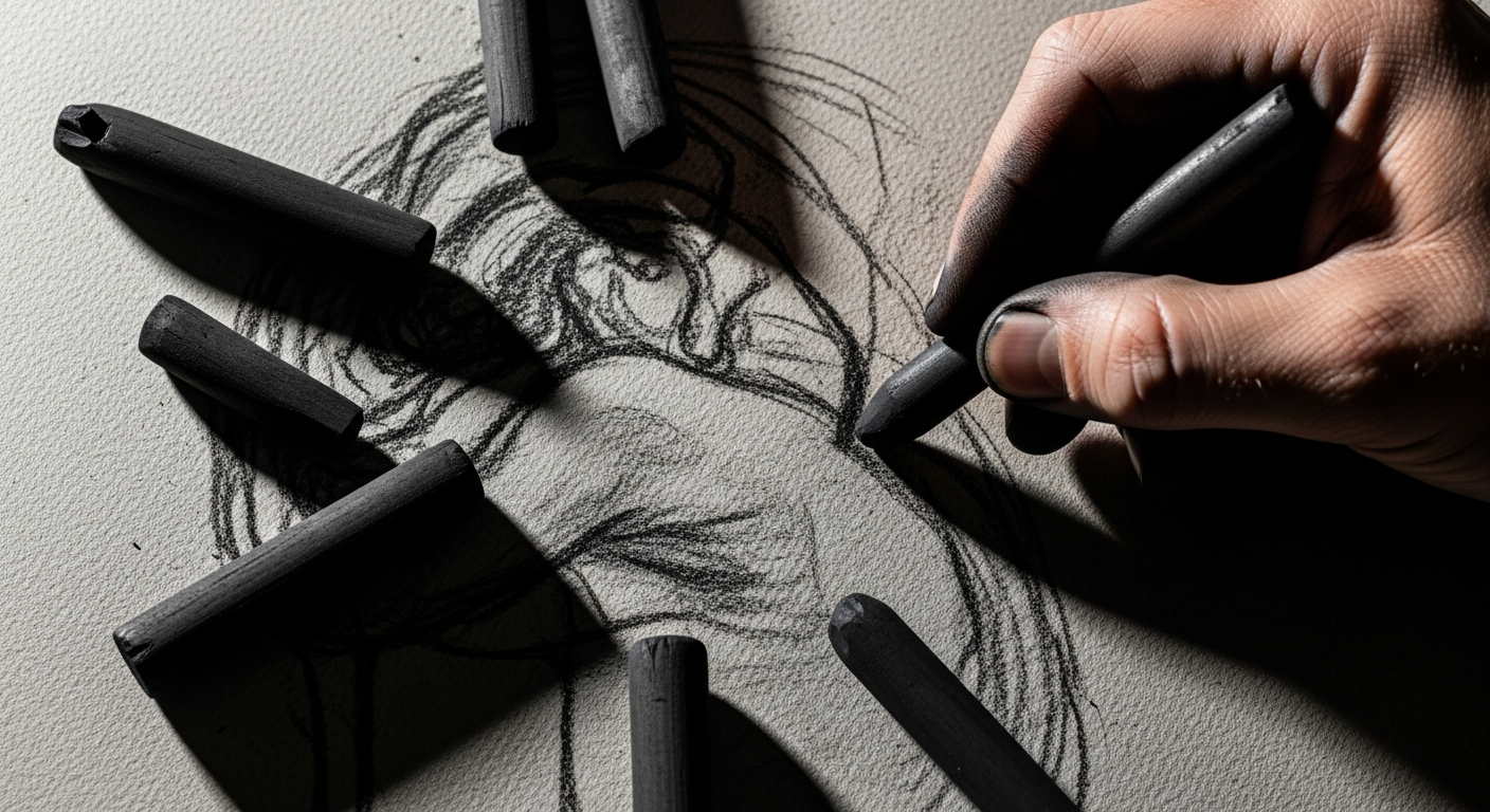 Процесс рисования углём